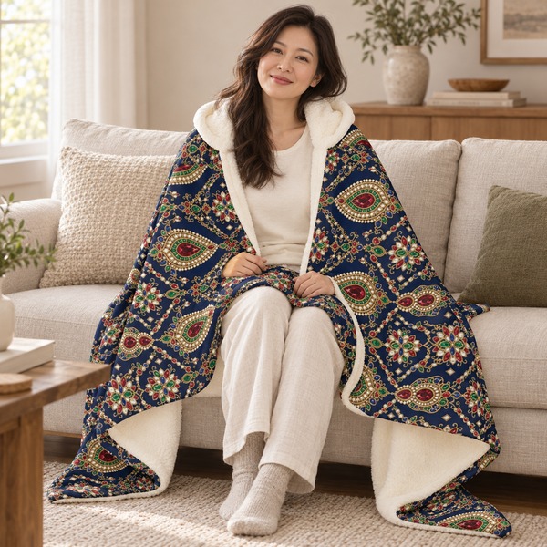 A patterned blanket on a person relaxing at home