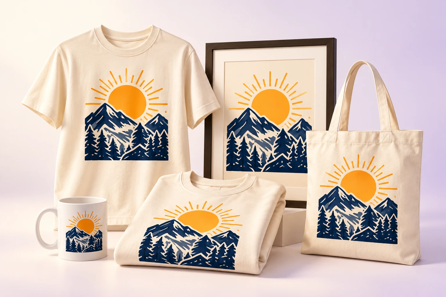 Illustrative collection of apparel, framed art, a mug and tote sharing one mountain design